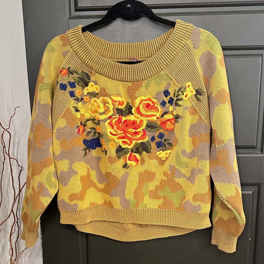Free People Camouflage Floral Sweater